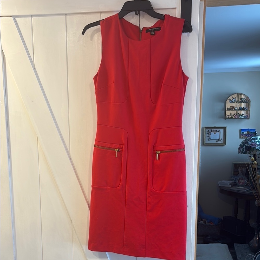 Sharagano Sleeveless Red Sheath Dress W/Gold Zip Pockets size 4